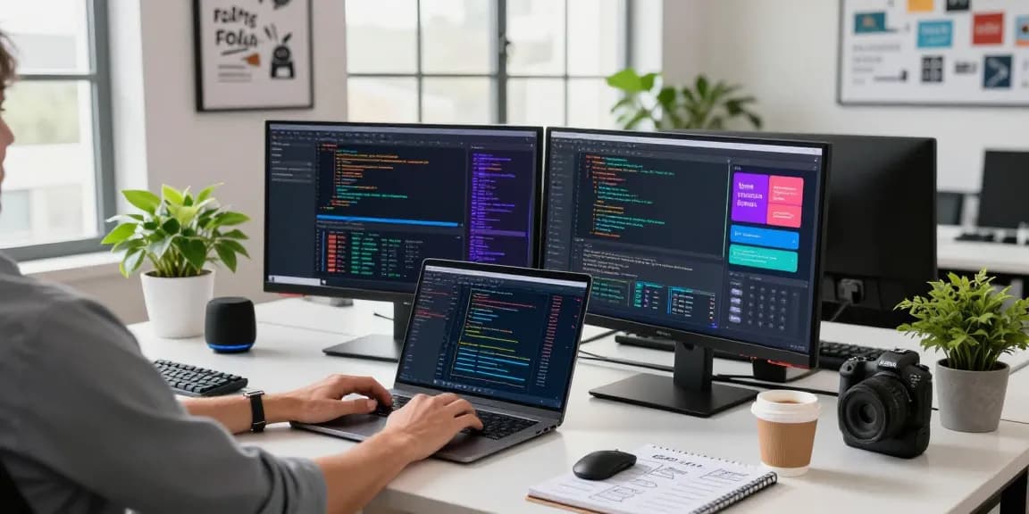 Dynamic professional engaged with the WPS Official Website in a modern office setup with dual monitors displaying productivity tools.
