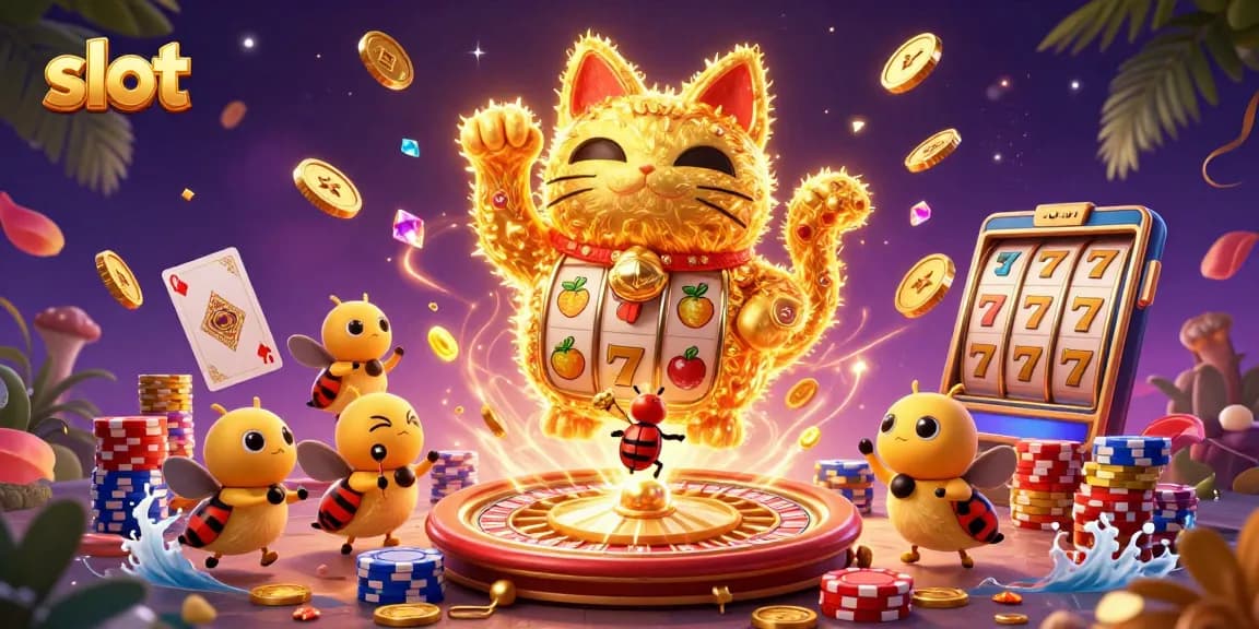 Spin the slot reels alive with a giant lucky cat made of fireflies in a vibrant casino scene.