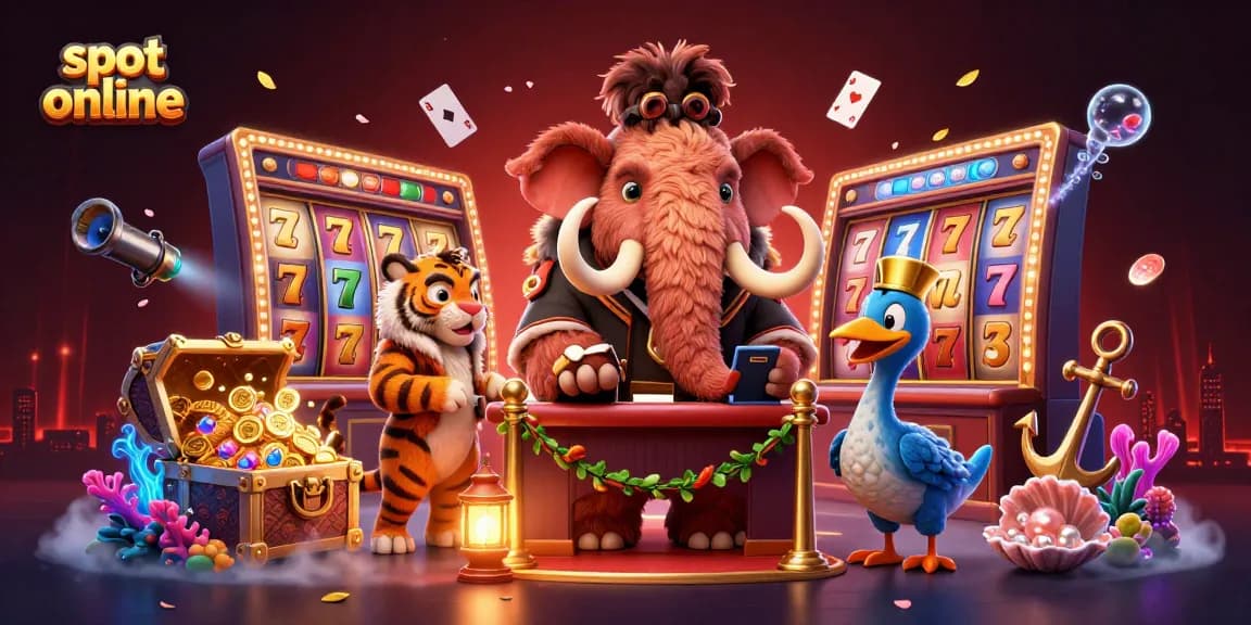 Experience thrilling slot online entertainment with cartoon mammoth bouncer, saber-tooth tiger, and vibrant game elements.
