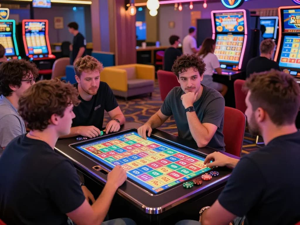 Exciting players celebrating nổ hũ hubet88 victory in a vibrant lottery gaming lounge.