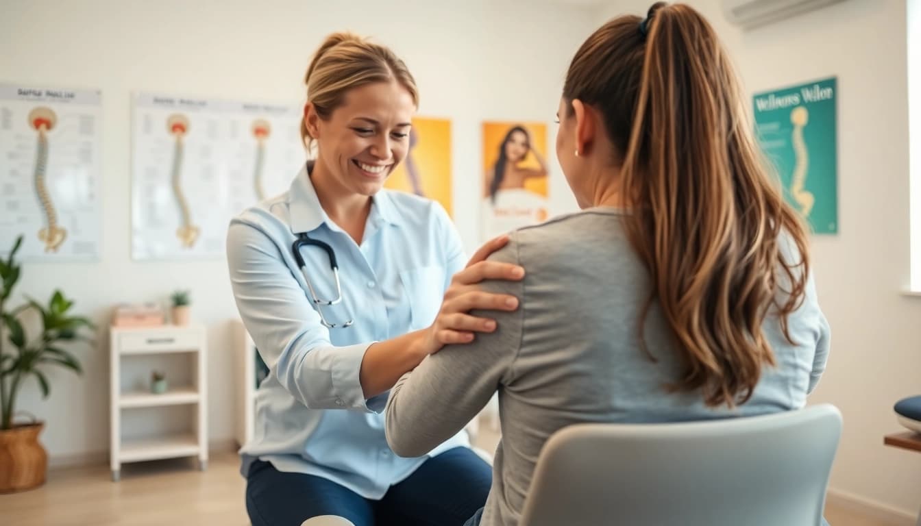 Physiotherapist assisting with back pain relief techniques in a clinic setting.