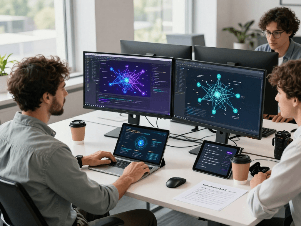 Developer exploring acrossprotocol with team while showcasing cross-chain transfer systems in a modern tech workspace.
