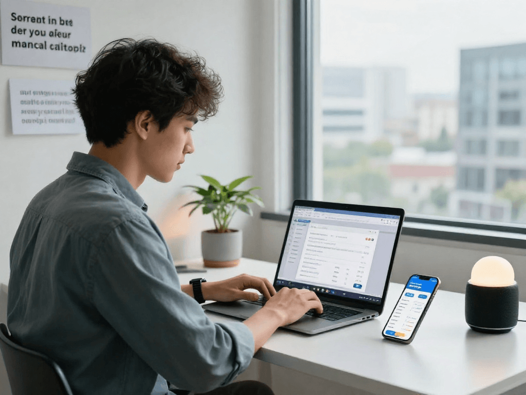 Dynamic digital banking workspace featuring debet app on laptop for managing finances