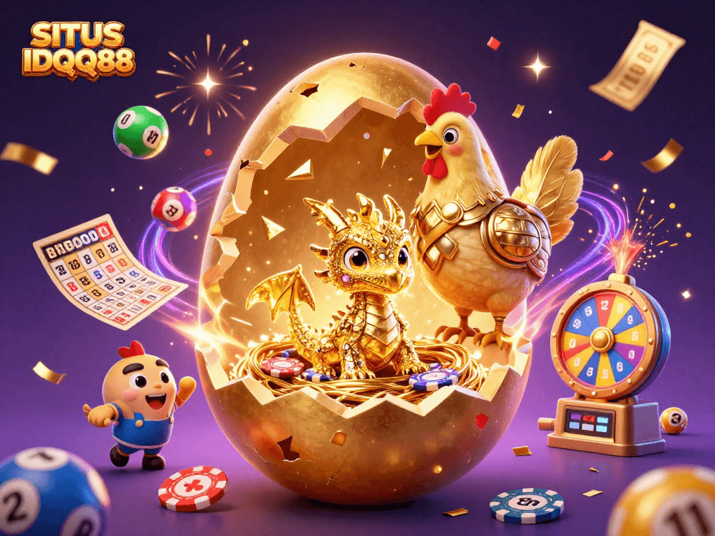 SITUS IDQQ88 showcases an exciting casino scene with a golden dragon, poker chips, and dynamic lottery elements.