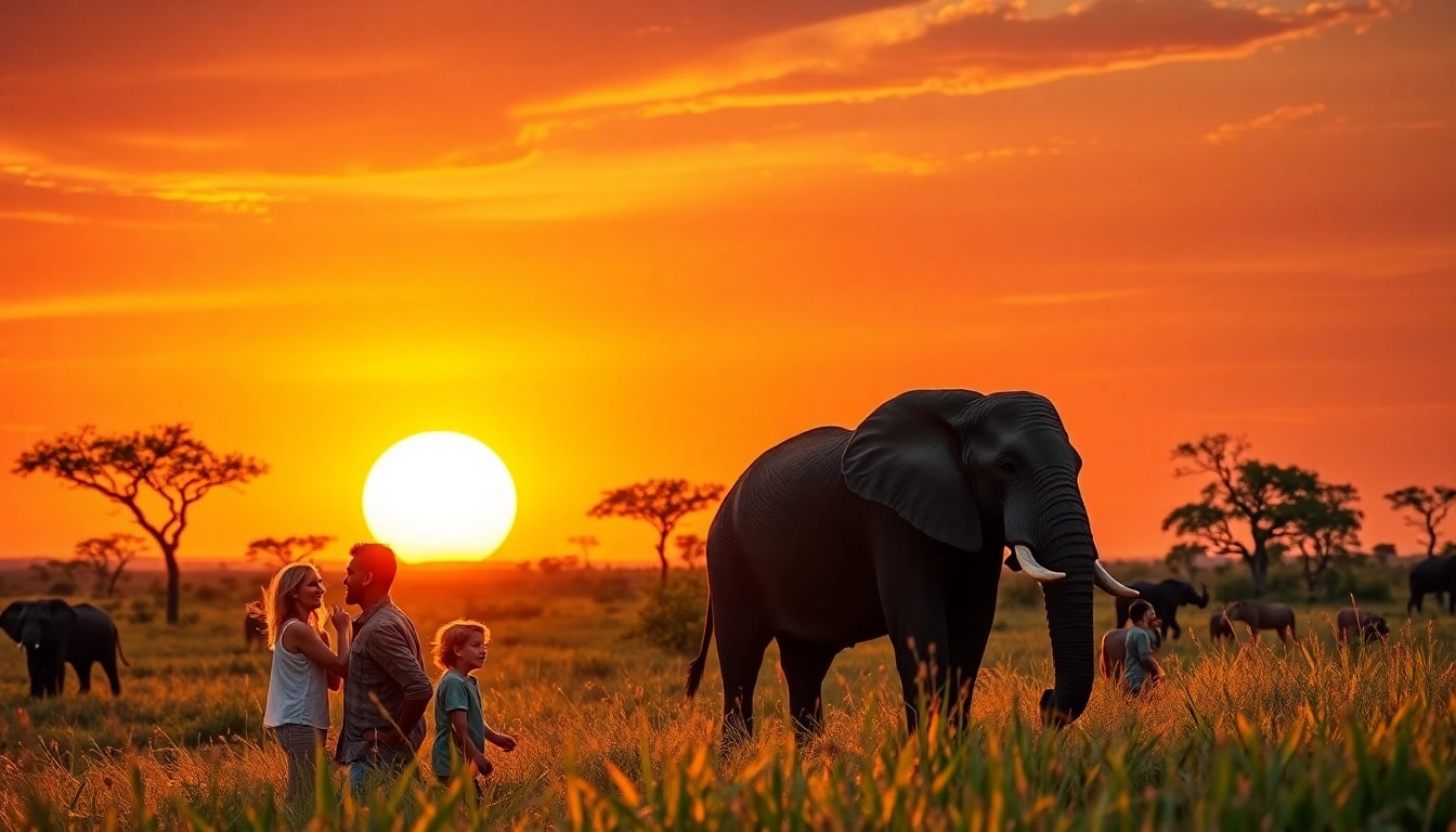 Experience the beauty of a Tanzania safari and Zanzibar beach with a family observing wildlife during sunset.