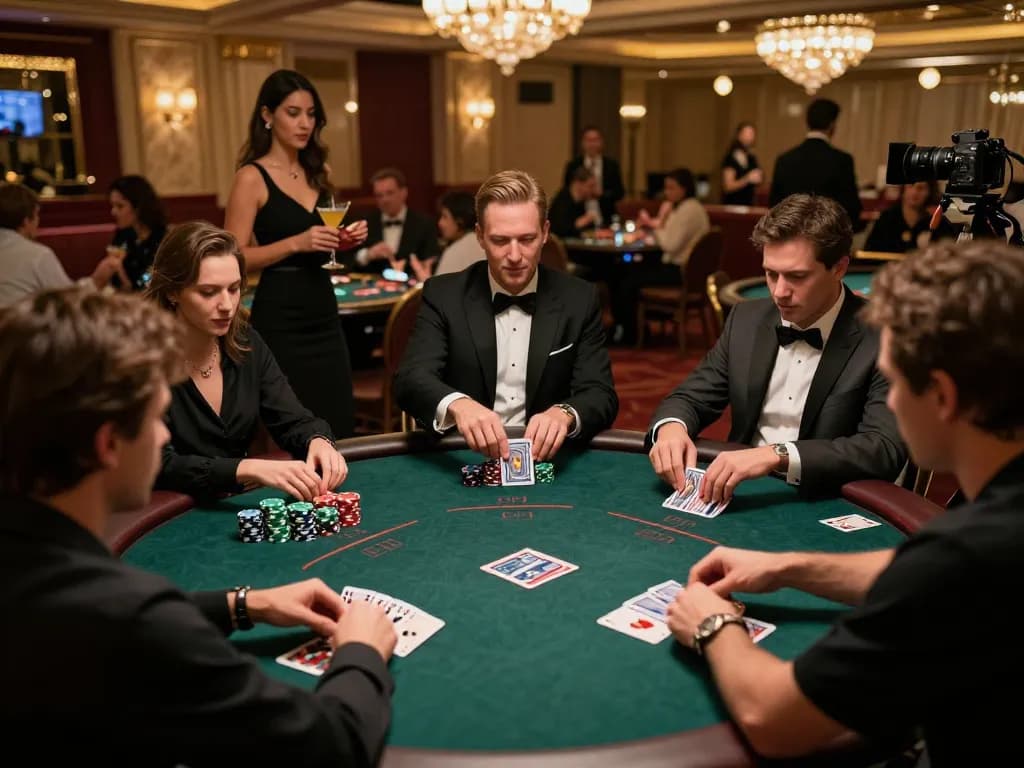 Players immersing in a strategic poker game at 98win casino, vibrant atmosphere and professional dealer.