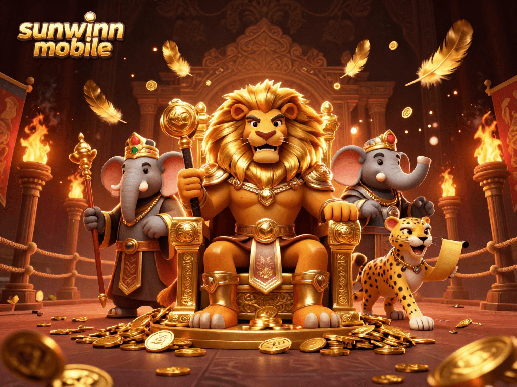 Hình ảnh sunwinn mobile với sư tử, voi và báo trong sòng bạc đầy màu sắc.