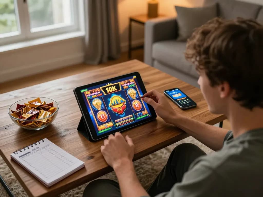 Player spinning the reels on slot 10k game, aiming for big wins in a cozy home gaming setup