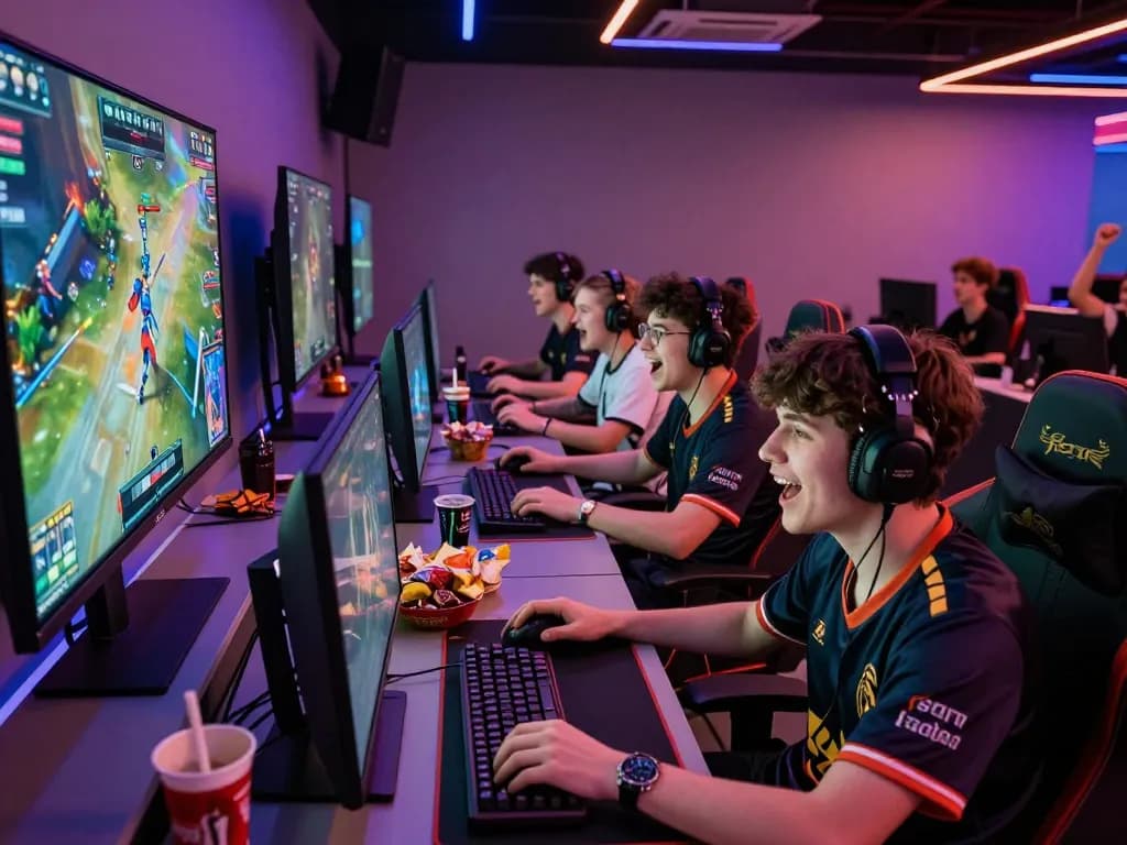 Exciting esports hubet88 betting scene with gamers enjoying a live match
