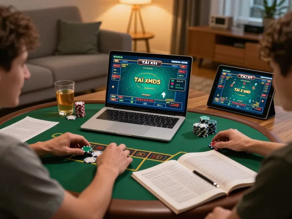 Tài xỉu MD5 gameplay on a laptop in a cozy home setting, with a player engaged in strategy notes for better bets