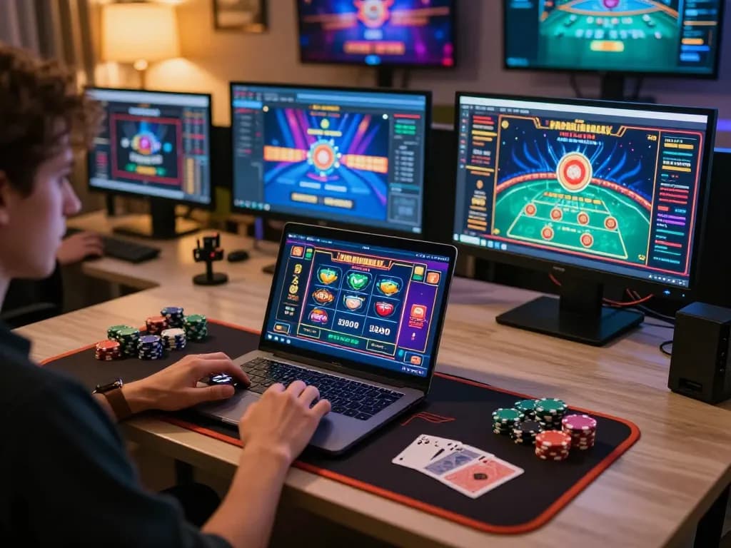 Engaged player enjoying hi88 online casino gaming experience on a sleek laptop with vibrant game graphics.