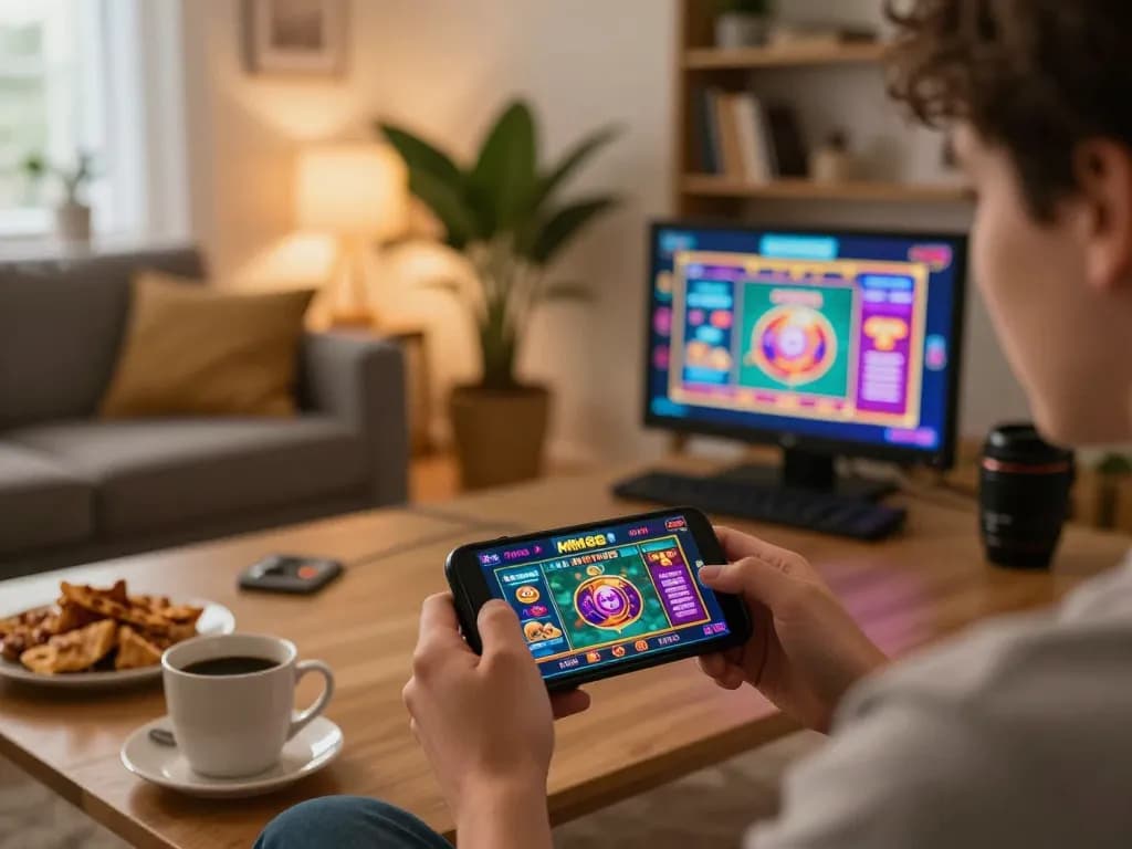 Engaging with MM88 blog on a smartphone for online gaming experience in cozy home setting.