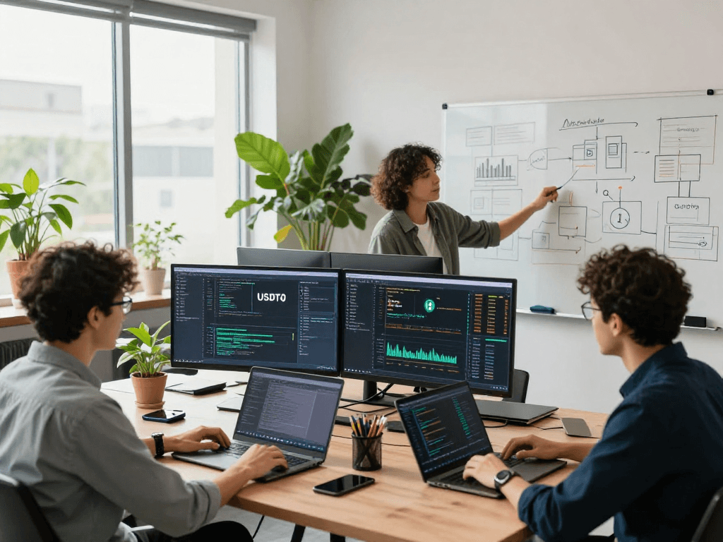Team working on USDT0 project in a modern workspace with technology-driven focus.