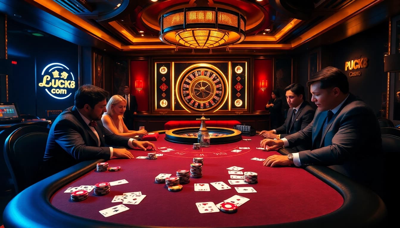Experience high-stakes excitement at LUCK8 com with a vibrant casino atmosphere featuring poker tables and roulette wheels.