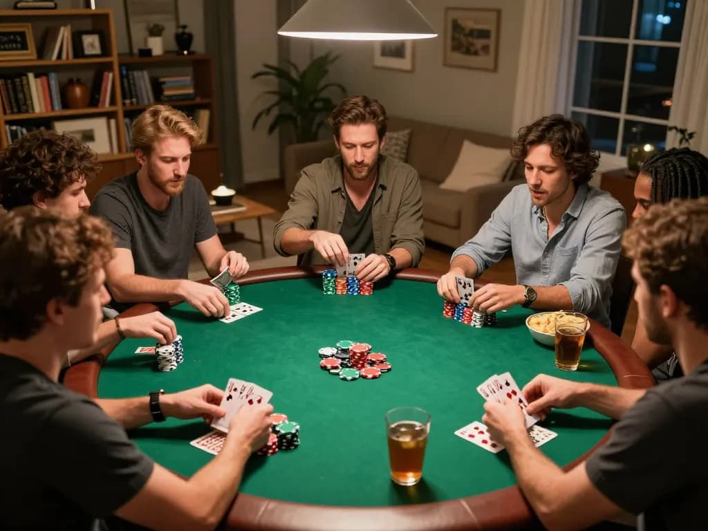 Friends enjoying a thrilling home poker night with colorful chips and cards, featuring VA88 as a friendly competition centerpiece.