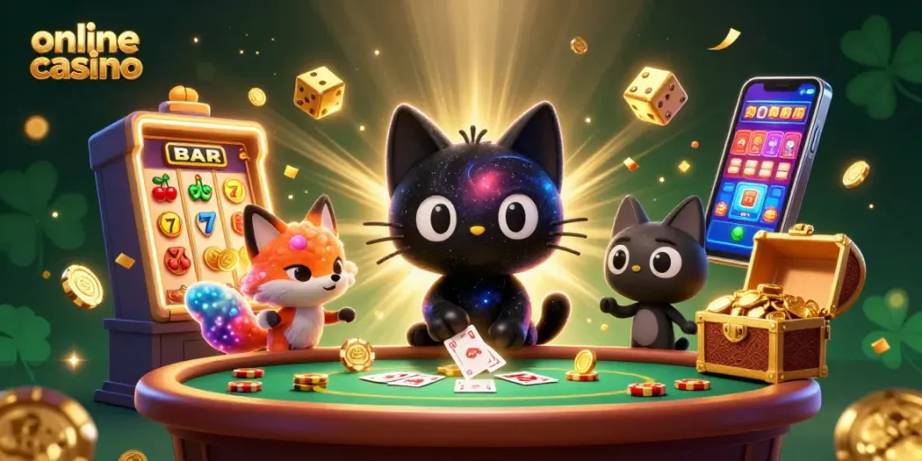 Juego en un casino online con un gato y un zorro cósmicos atrayendo fichas y cartas.