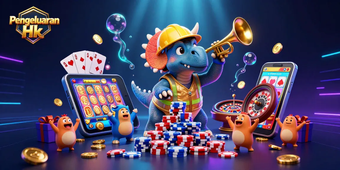 Engaging scene of Pengeluaran Hk showcasing a triceratops building poker chips with lively effects around.