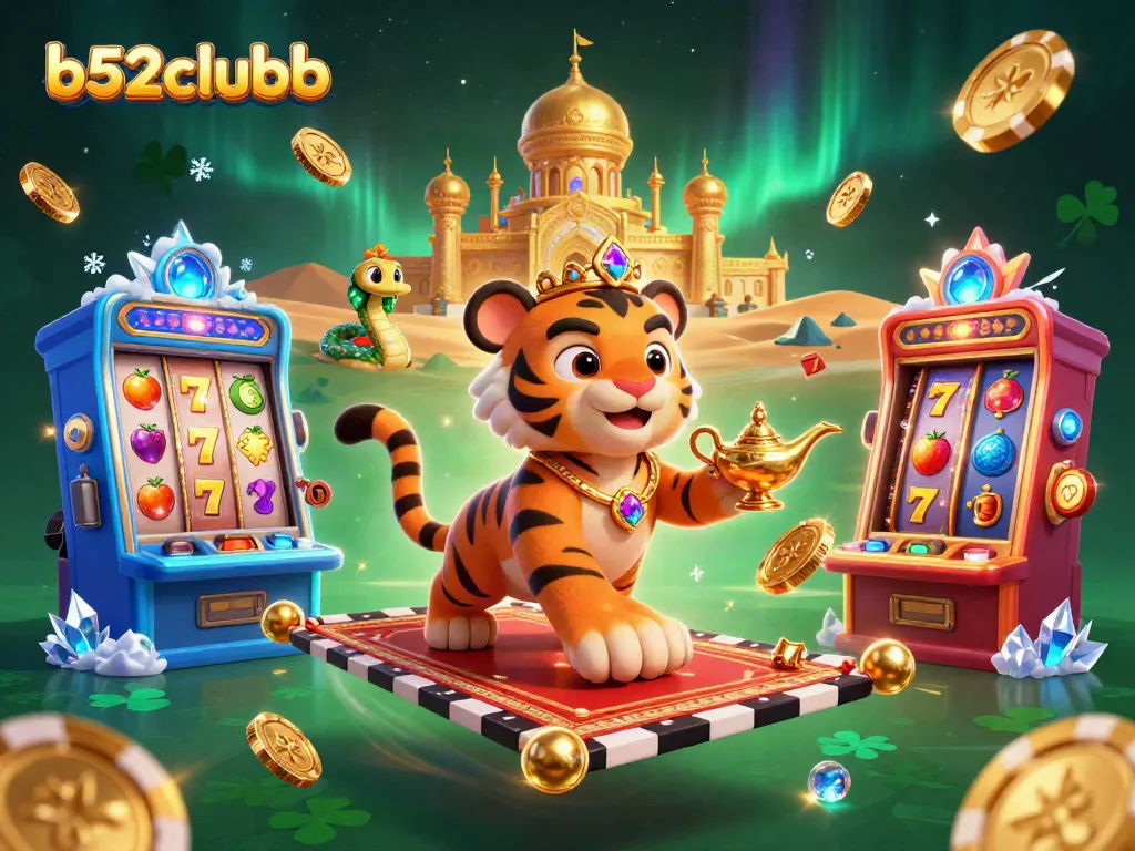 Engage with thrilling slots action featuring b52clubb in a vibrant 3D illustration of a tiger sultan on a magical carpet.