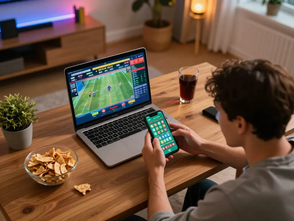 Xoilac sports betting experience featuring live game scores and mobile bets in a cozy home setting.