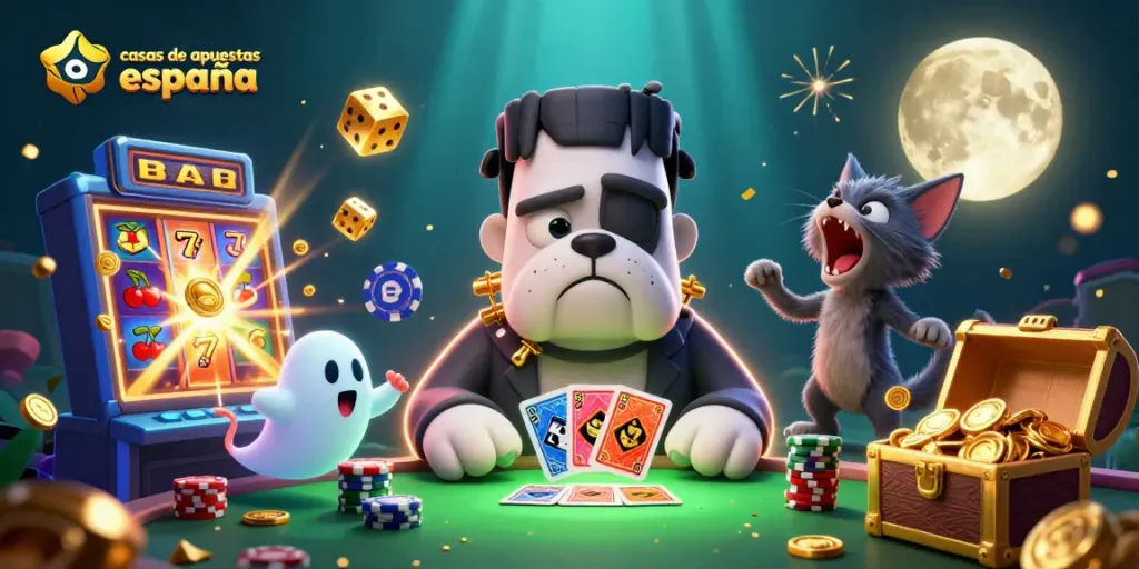 Las mejores casas de apuestas España, un bulldog monstruo reparte cartas en un misterio casino.