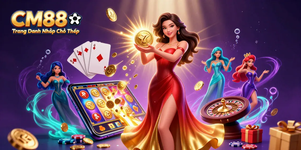 Engage in excitement with CM88 ⚽️ Trang Đăng Nhập Chính Thức showcasing a stunning Asian woman and casino games.