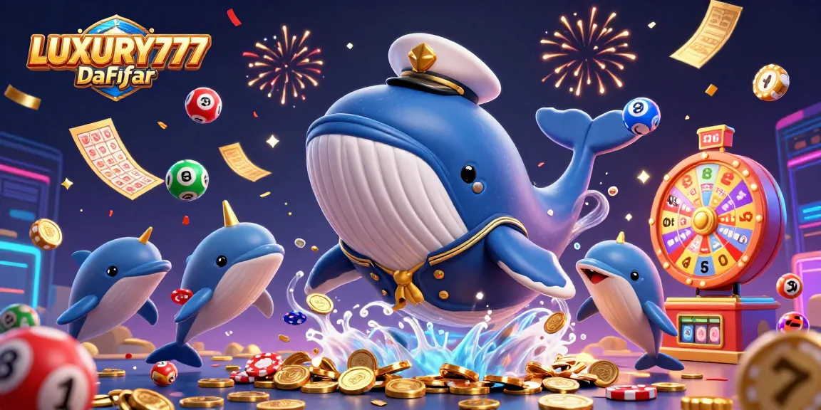 Menghadirkan LUXURY777 Daftar dengan ikan paus 3D mengenakan jas kapten di lautan koin dan lotere berwarna-warni.