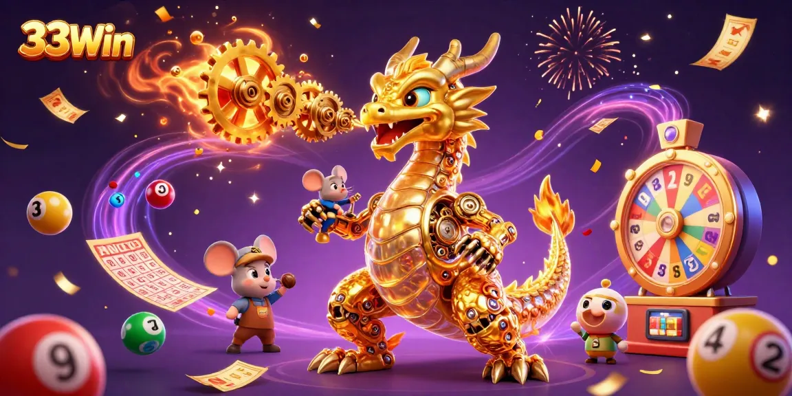 Unleash excitement with 33Win's colorful lottery elements and a stunning dragon illustration.