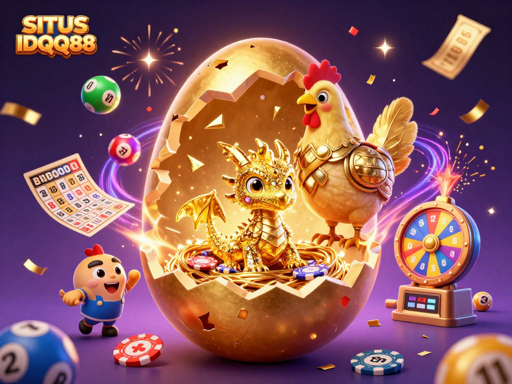 SITUS IDQQ88 showcases an exciting casino scene with a golden dragon, poker chips, and dynamic lottery elements.