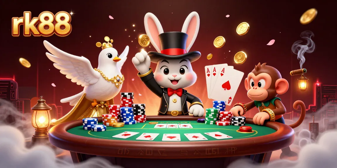 Experience the thrill of gambling with rk88 as a magician rabbit conjures coins in a vibrant casino scene.