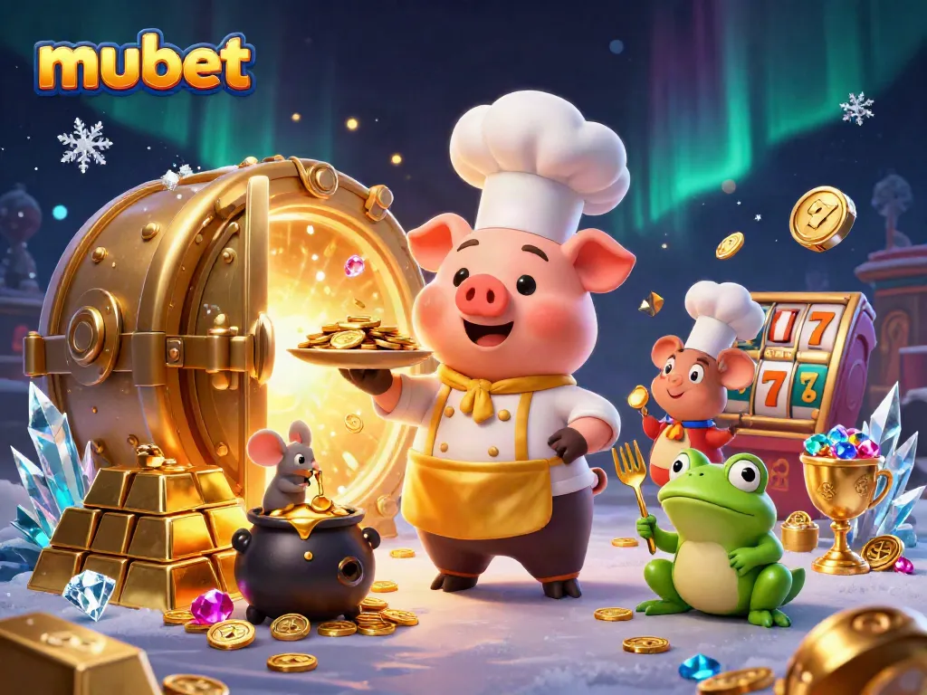 Play and win with mubet, featuring a chef pig serving gold coins in a dynamic casino scene.