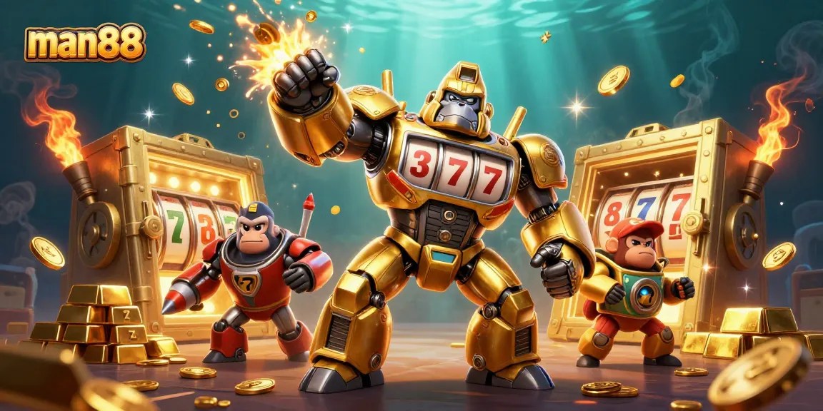 Experience exciting slots with man88 in this vibrant 3D casino illustration bursting with gold.