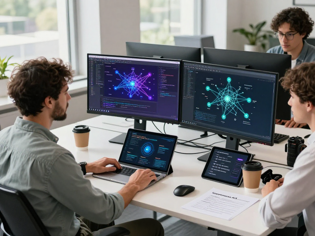 Developer exploring acrossprotocol with team while showcasing cross-chain transfer systems in a modern tech workspace.