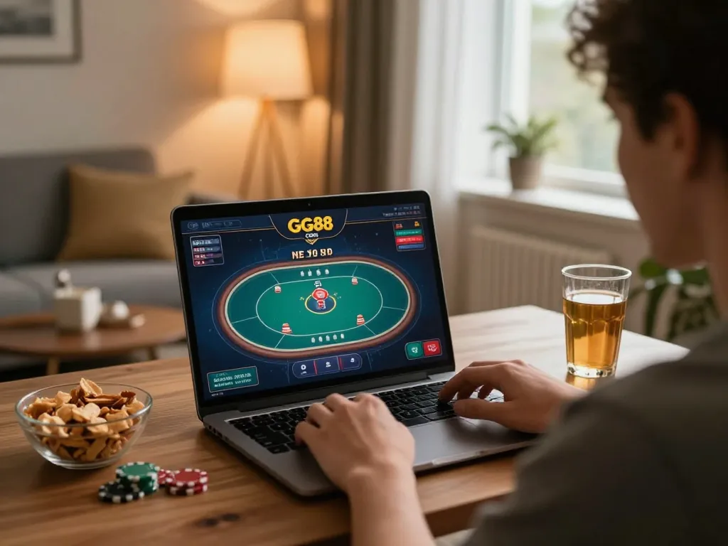 Engaging online poker gameplay on GG88 com, featuring strategic hand analysis and cozy home environment.
