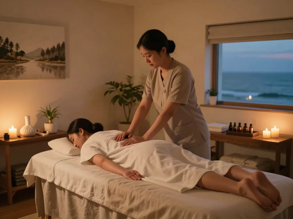 Relaxing 서대문출장안마 treatment in a serene massage therapy room with calming atmosphere and ambient lighting.