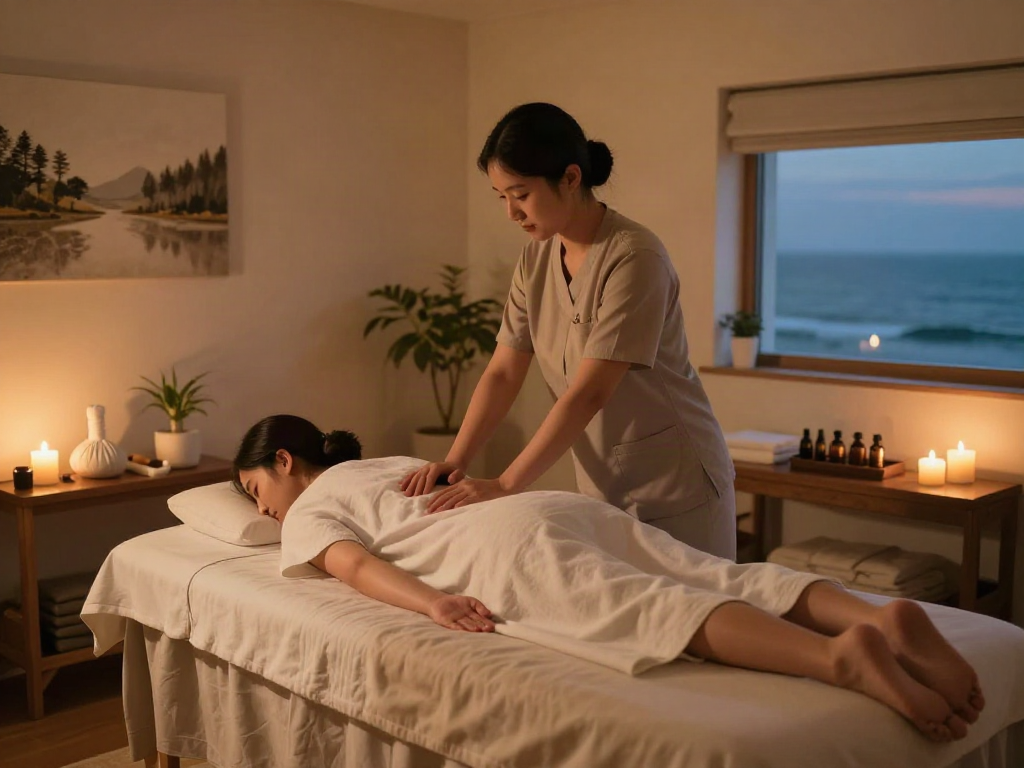 Relaxing 서대문출장안마 treatment in a serene massage therapy room with calming atmosphere and ambient lighting.