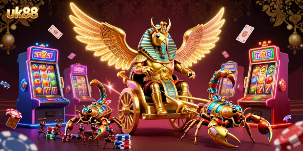 Engaging scene showcasing the uk88 gaming experience with a vibrant golden scarab beetle and stunning casino elements.