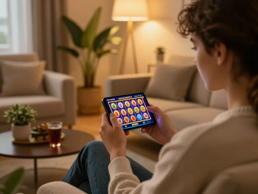 Player enjoying online gaming on the smartphone, engaging with nhà cái 88aa slots in a cozy living room.