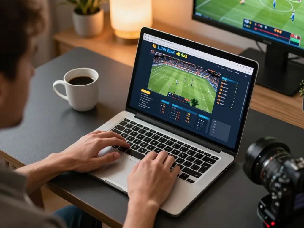Engaging scene of online sports betting at Link Bet88 with a laptop and live event broadcast.
