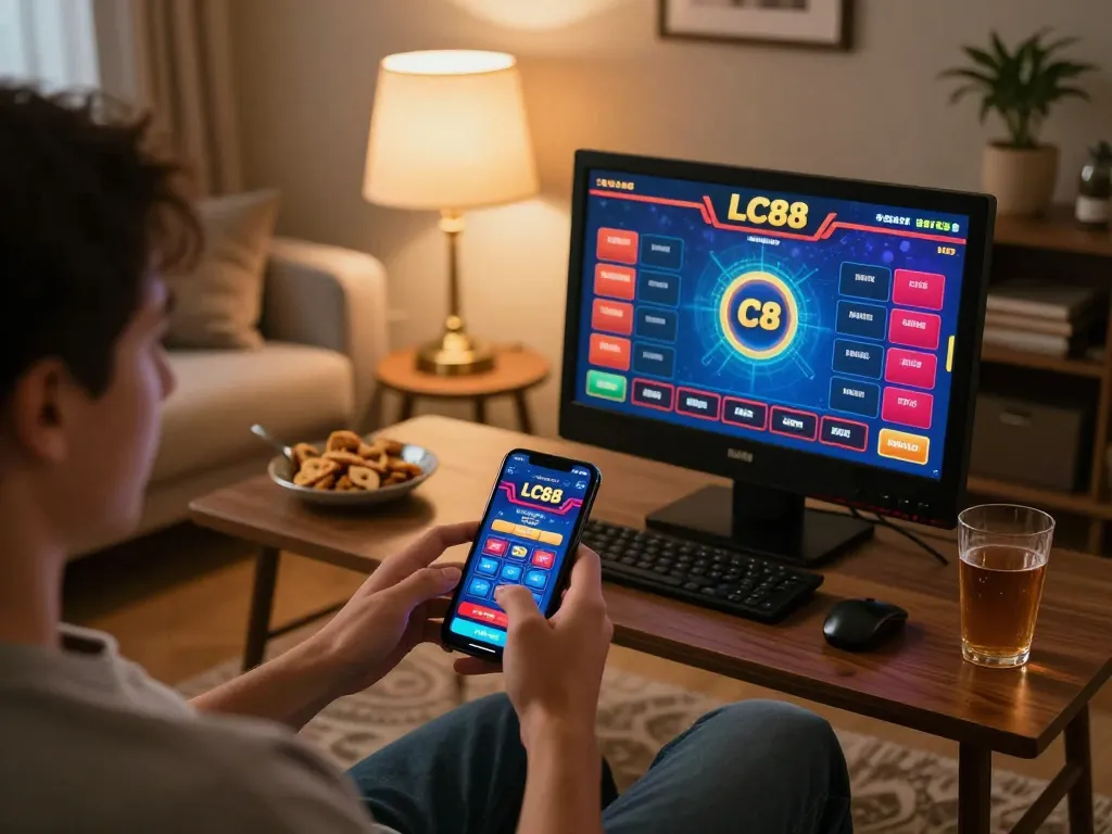 Engaging with the LC88 casino app on smartphone in cozy home setting, highlighting mobile gambling action.