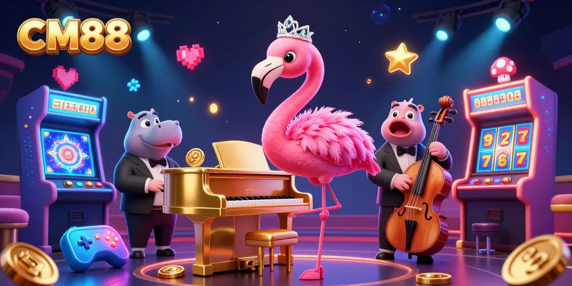 Experience the excitement of CM88 with a vibrant 3D illustration featuring characters and casino elements.