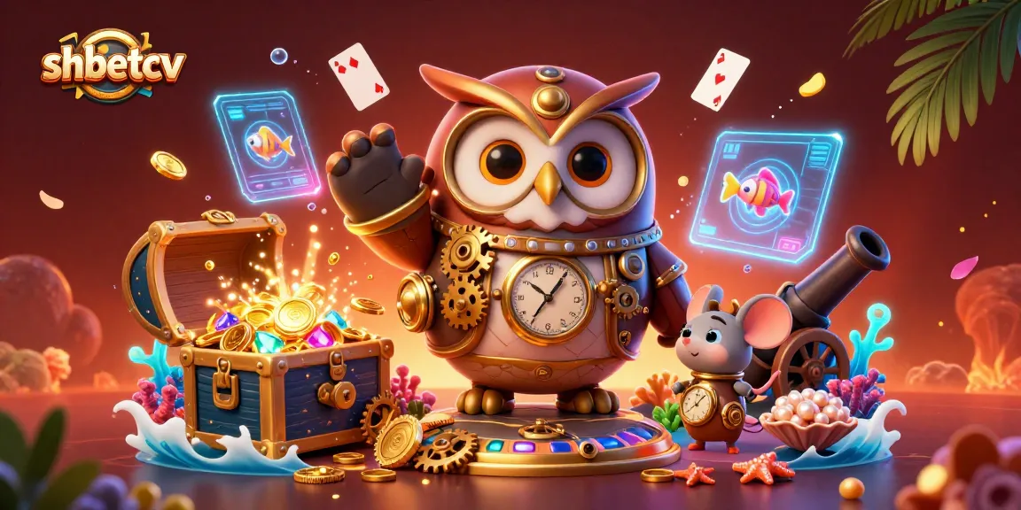 Experience the excitement of shbetcv through a vibrant 3D illustration featuring casino elements and a time-traveling owl.