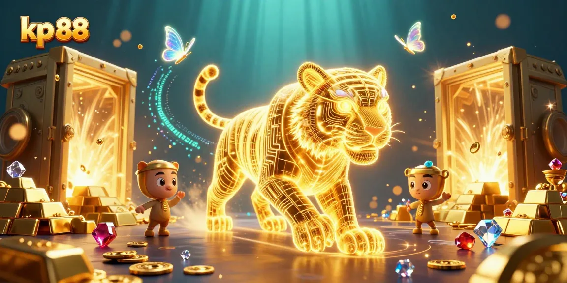 Engage in thrilling gaming at kp 88 with a vibrant casino scene featuring a neon-wireframe tiger.
