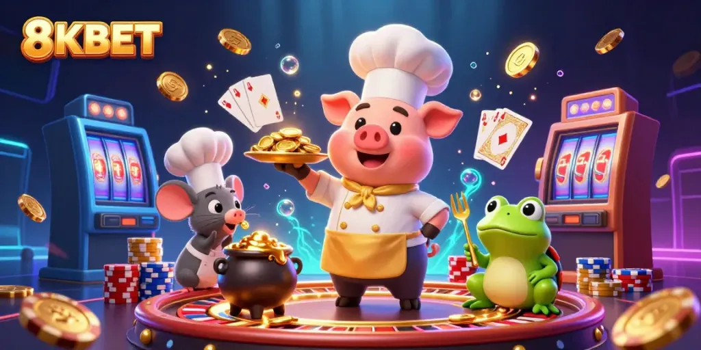 Experience excitement at 8KBET with a lively 3D depiction of casino characters amidst gold and gems.