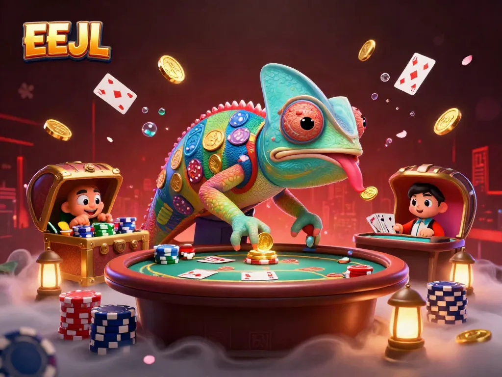 EEJL’s vibrant casino atmosphere featuring an enormous chameleon owner and dynamic gaming elements.