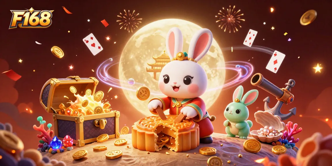 Engage with F168's vibrant casino scene, showcasing a moon rabbit revealing poker chips amidst a dazzling lunar backdrop.