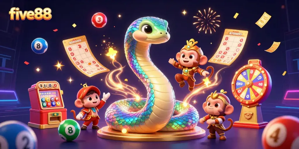 Engage with vibrant five88-themed gaming illustration featuring colorful lottery elements and a joyful monkey king.