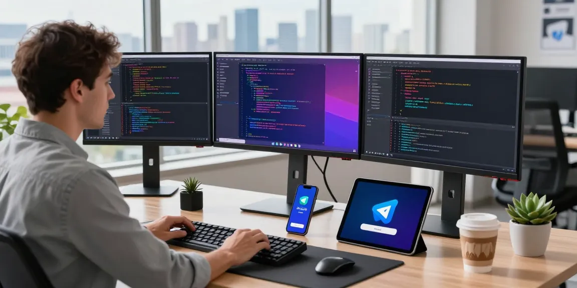 Optimally designed tech workspace showcasing Telegram Download setup with developer focused on code and messaging interface.