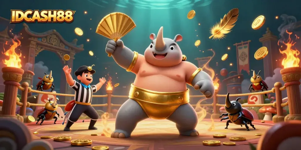 Experience the excitement of IDCASH88 with a sumo champion beetle amidst flying coins in a dynamic casino scene.