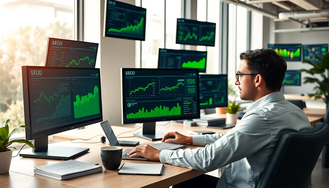 Optimize your SEO Rank with a dedicated professional analyzing data in a modern office.