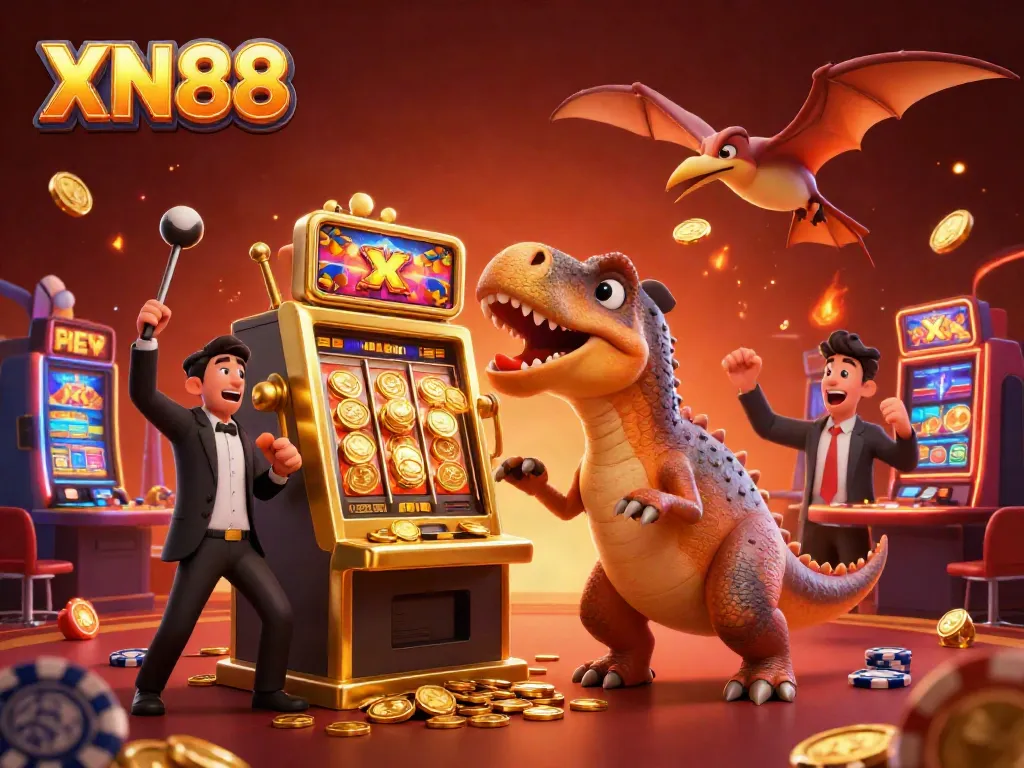 Experience excitement at XN88 as a dinosaur plays a golden slot machine against a vibrant casino backdrop.